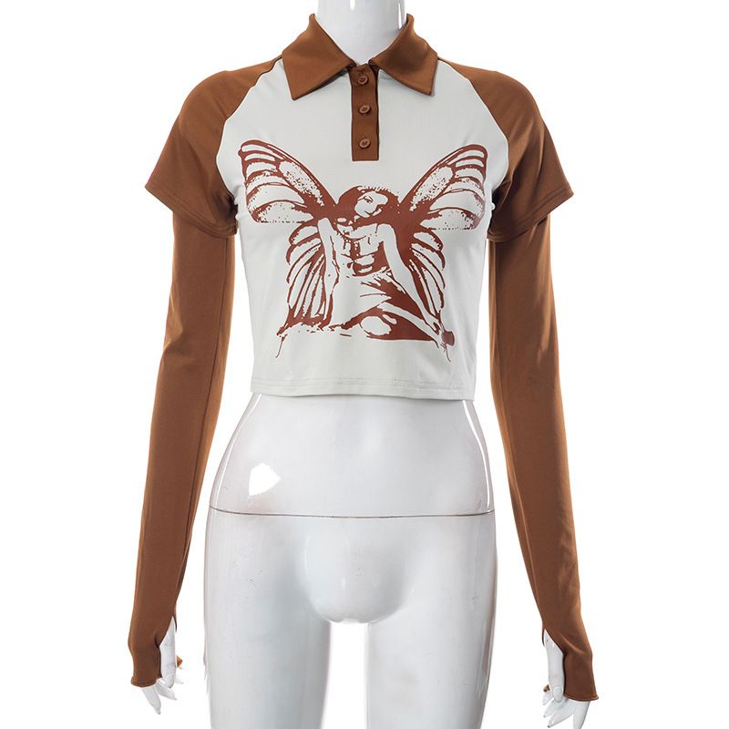 Q23TP274 Top de verano para mujer, personalizado, con cuello polo y hombros descubiertos, con estampado en contraste_voghion.com