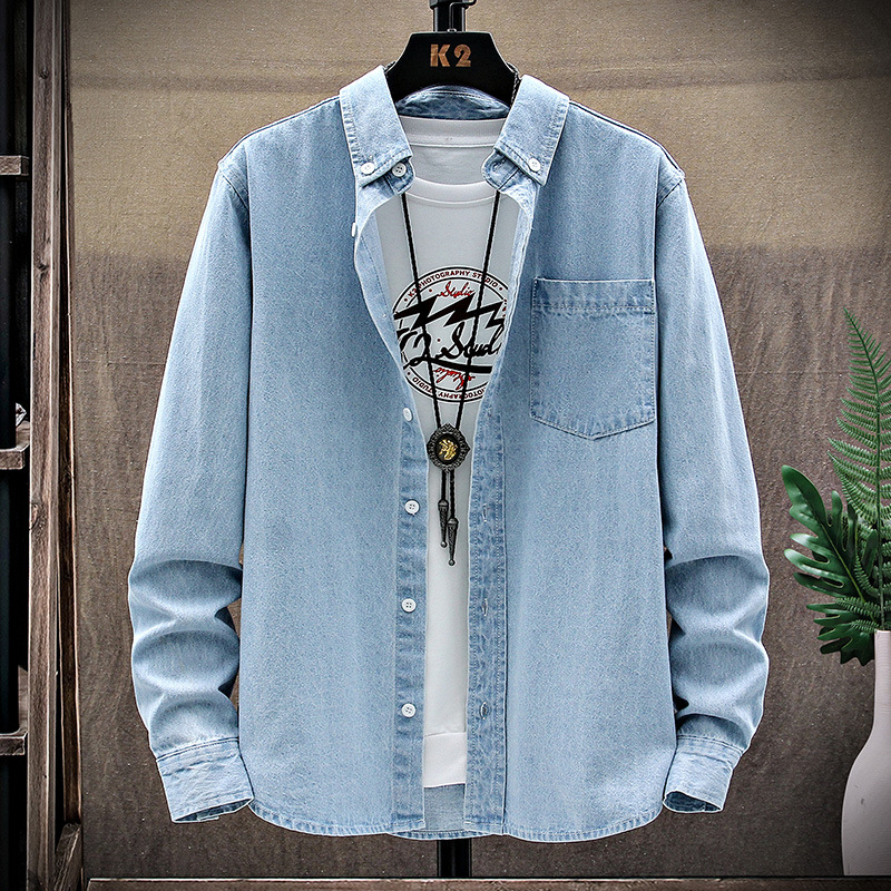 Commerce extérieur Printemps et Automne Chemises en Denim à Manches Longues Simples et décontractées Polyvalentes pour Hommes et Jeunes Col Polo Coton à Pois Couleur Unie Régulier_voghion.com