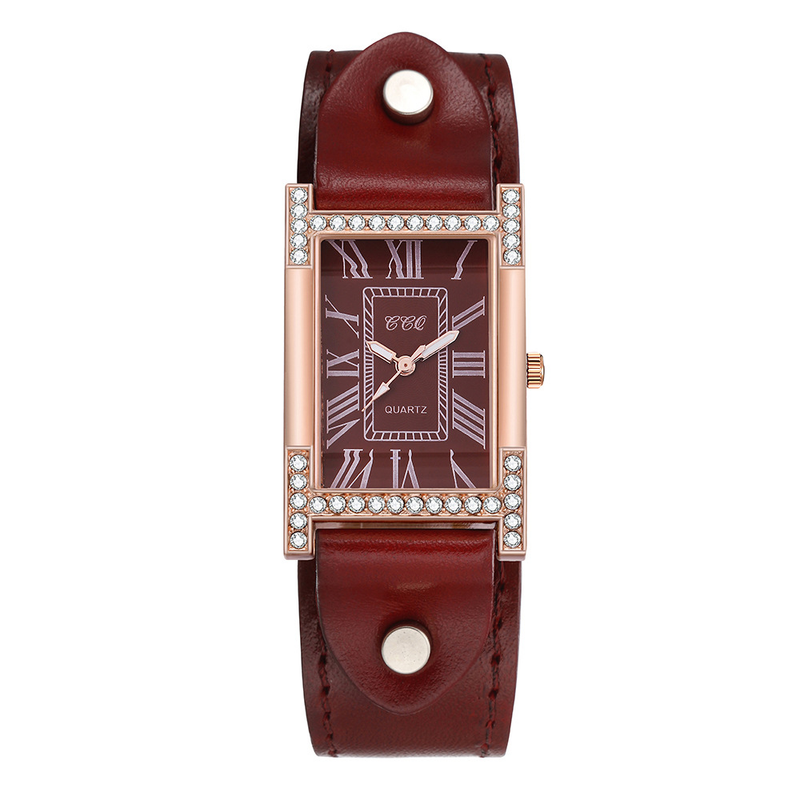 Nuovo orologio romano alla moda con cinturino in pelle e strass di lusso, quadrante quadrato, da donna_voghion.com