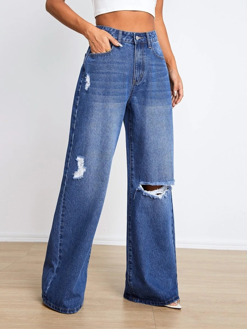 new jeans high waist ripped holes loose slimming wide leg pants_voghion.com