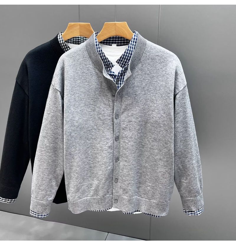 Herren-Strickjacke mit kariertem Patchwork-Muster – lässiger, locker sitzender Pullover mit offener Vorderseite für Herbst und Winter_voghion.com