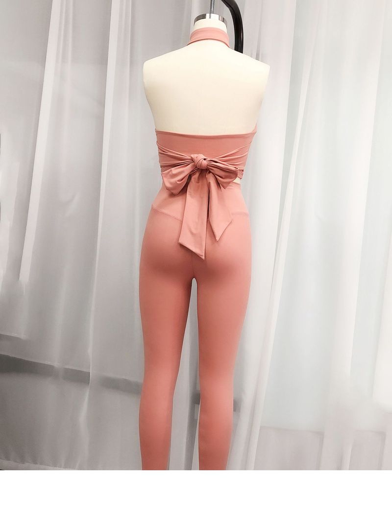 Backless Halter Neck Bowknot Sports Yoga Vest Brushed High Elastic Hip-Showing Fitness Training Pants Set_voghion.com