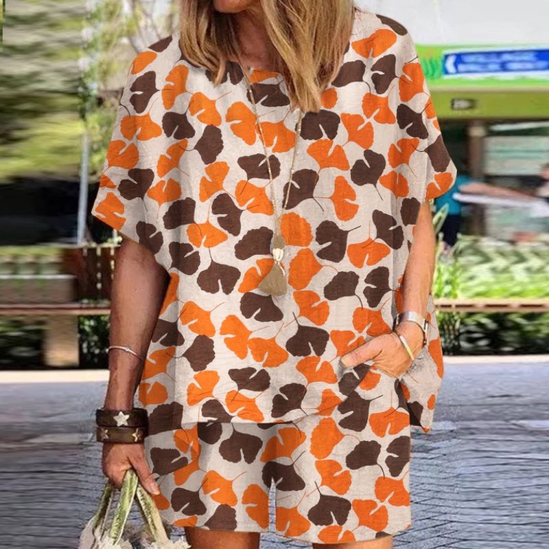 Frauen kleidung = polka dot print rundhals lose kurzarm shorts zwei-stück anzug_voghion.com