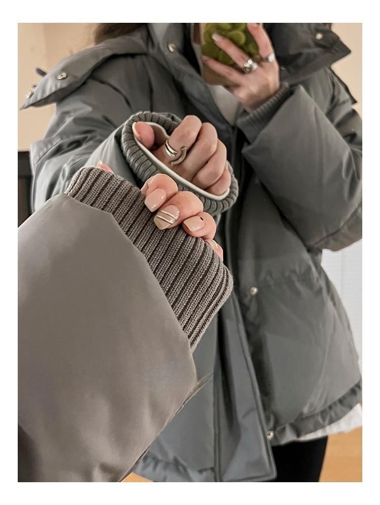 Kurtka puchowa z kapturem unisex dla kobiet – gruby zimowy płaszcz w stylu college'u, luźny krój, 55% białego puchu kaczego, powłoka poliestrowa, haft_voghion.com