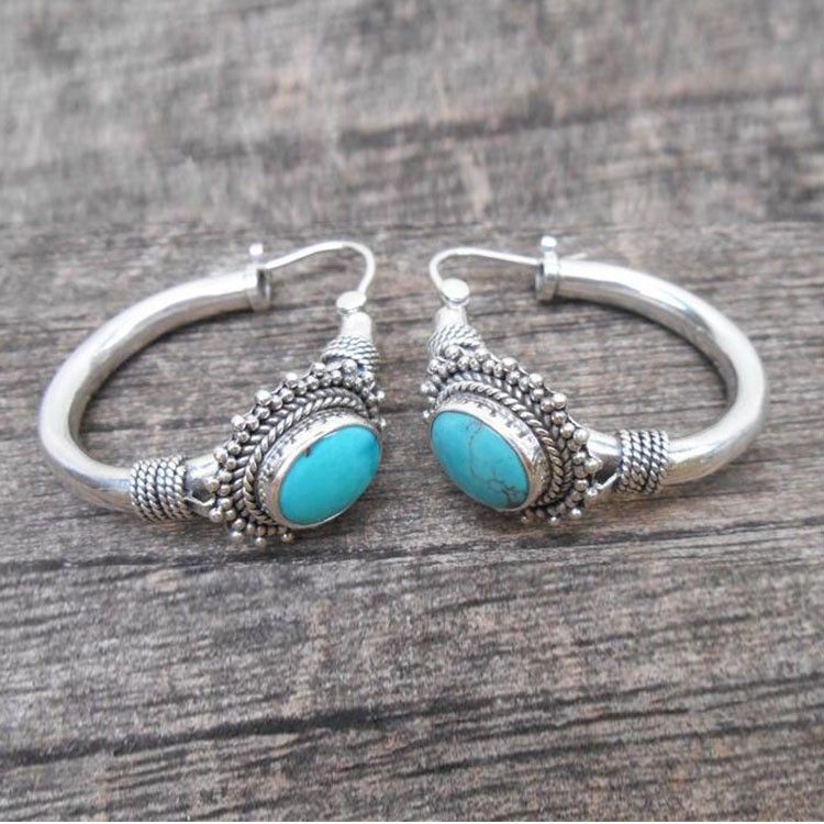 Hot Selling Fashion Turquoise Ear Clips Bohemian Style Oval Hoop Earrings_voghion.com