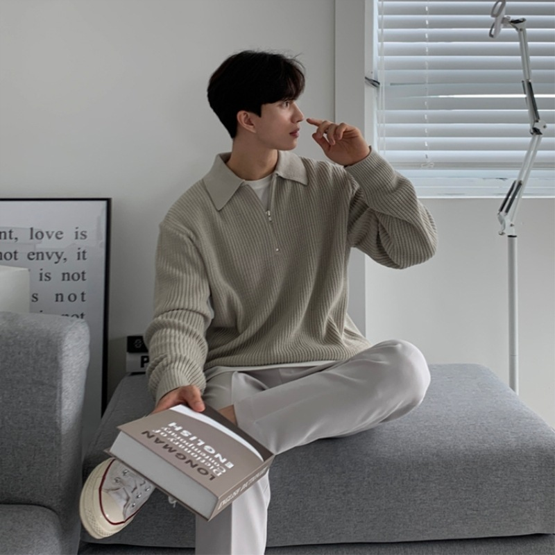 Pullover mit halbem Reißverschluss für Herren, Herbst und Winter, hochwertiges Gefühl, fauler Stil, Polokragen, Strick, lockerer, lässiger Faden_voghion.com