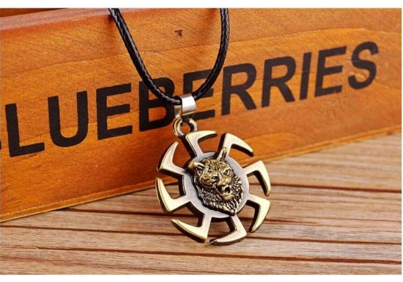 Men Wolf Head Viking Black Rope Pendant Necklaces for Women Steel Wheel Pendant Amulet Metal Jewelry Unisex_voghion.com