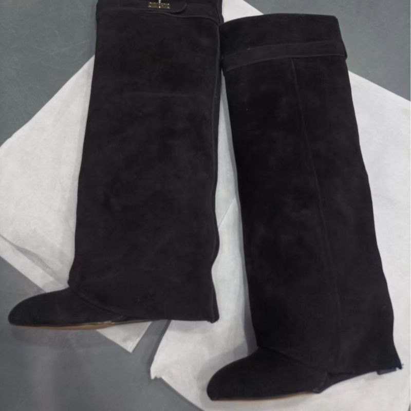 2024 New Round Toe Wide Shaft Straight Shark Buckle Mid-Calf Wedge Heel Boots For Women_voghion.com