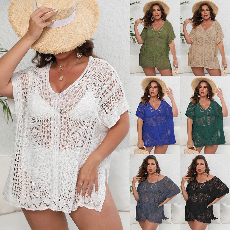 Women's bikini cover-up large size women's woven shirt hollow deep V beach dress_voghion.com