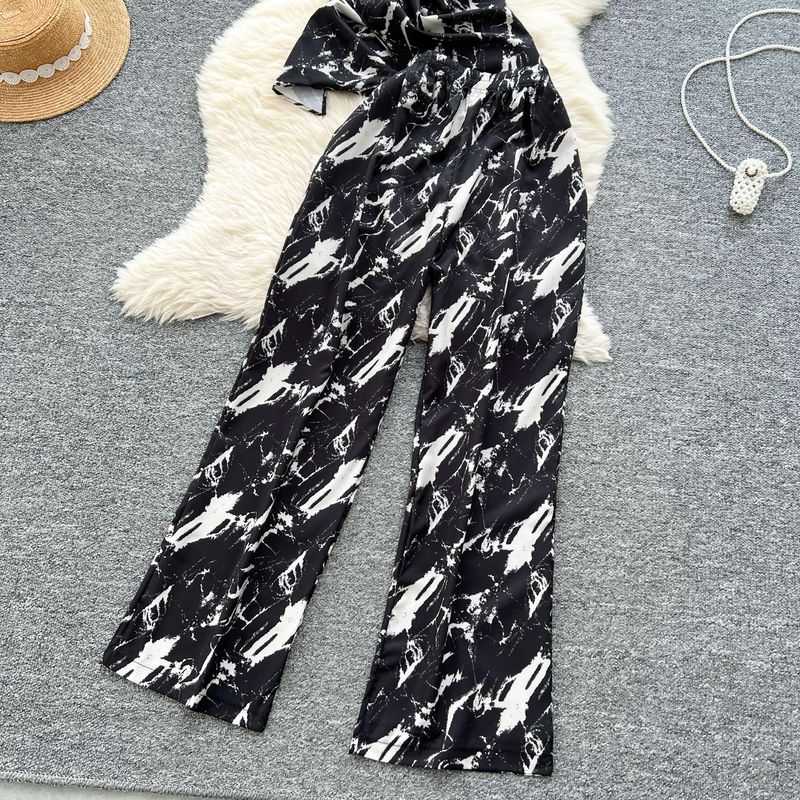 Women's Clothing Two Piece Suit Cross Waist Round Neck Short Sleeves Printed Top High Waist Casual Wide Leg Pants_voghion.com