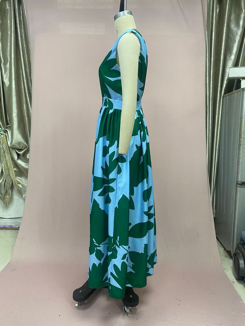 Dammekleeder Leaf Splicing Moud Off-Shoulder Printed Laang Kleed_voghion.com