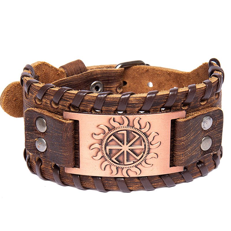 Genuine Viking Sun Symbol Men's Wide Leather Bracelet_voghion.com