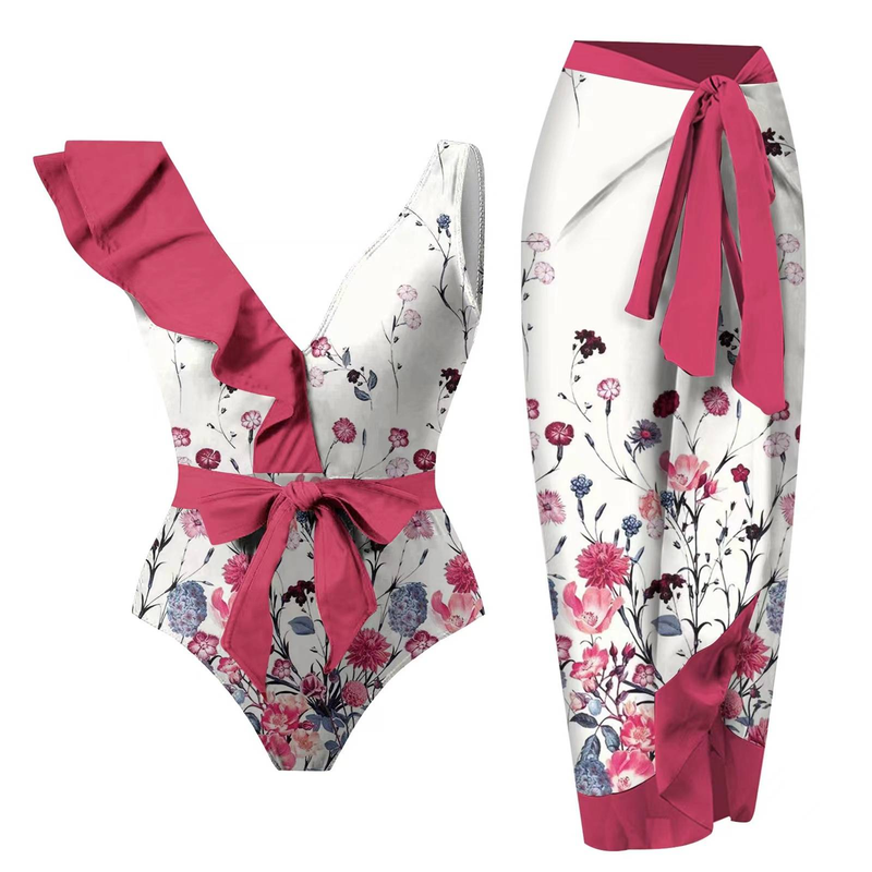 European and American conservative one-piece swimsuit chiffon skirt two-piece set for women's ruffled edge positioning printed casual swimsuit_voghion.com