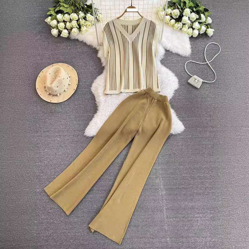 Abbigliamento da donna Cardigan alla moda con scollo a V a maniche lunghe lavorato a maglia con scialle e abito in due pezzi abito aderente elastico aderente di media lunghezza_voghion.com