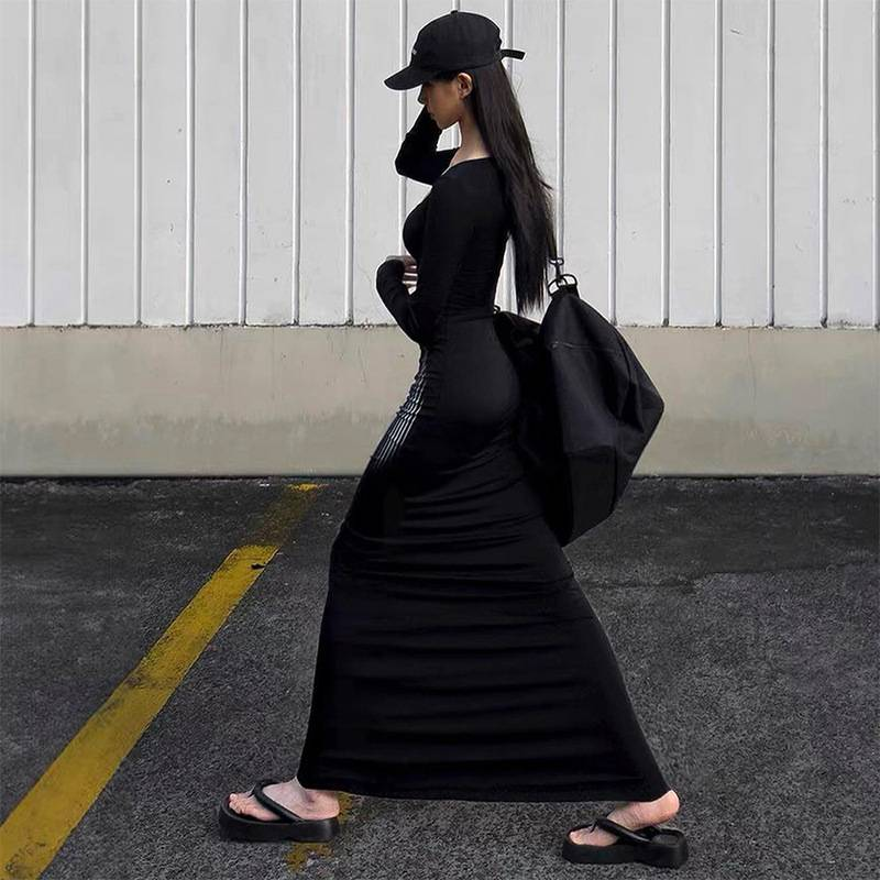 Long Sleeve Square Collar Dresses Women Clothingg Black Printing Tunic Robe Femme Fashion Temperament Bodycon Maxi Dress_voghion.com