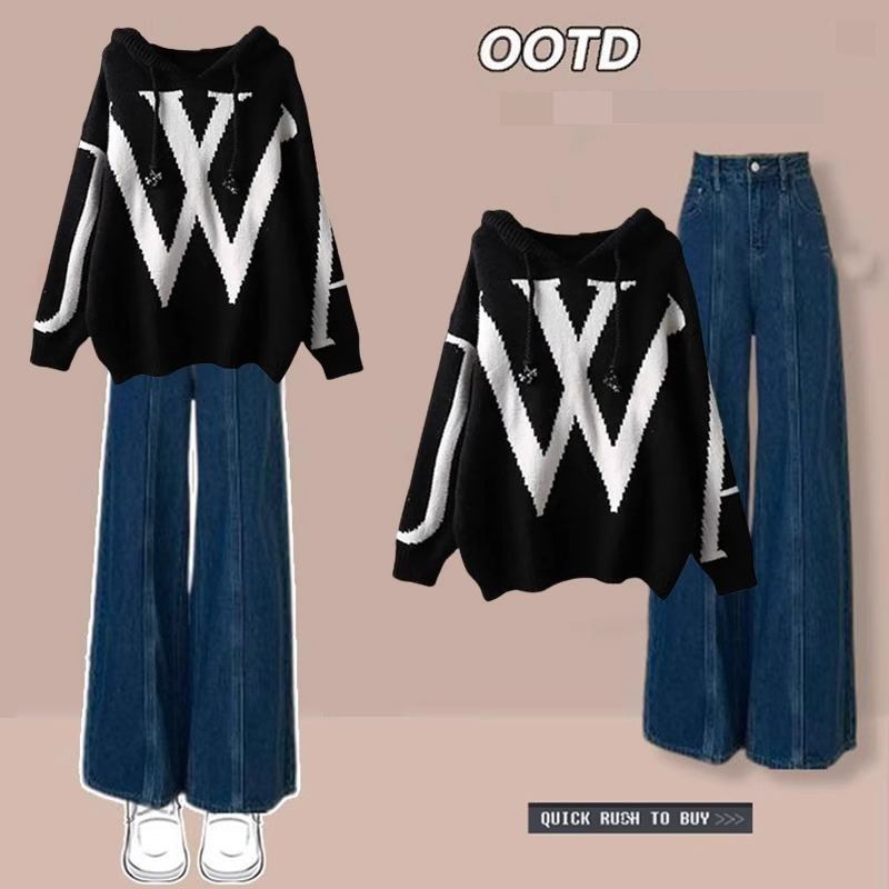 Sieviešu apģērbi Rudens un ziemas stilīgs un vecumu samazinošs apģērbs sievietēm jauna dizaina trikotāžas augšdaļas džinsa platas bikses ar kapuci divdaļīgs uzvalks_voghion.com