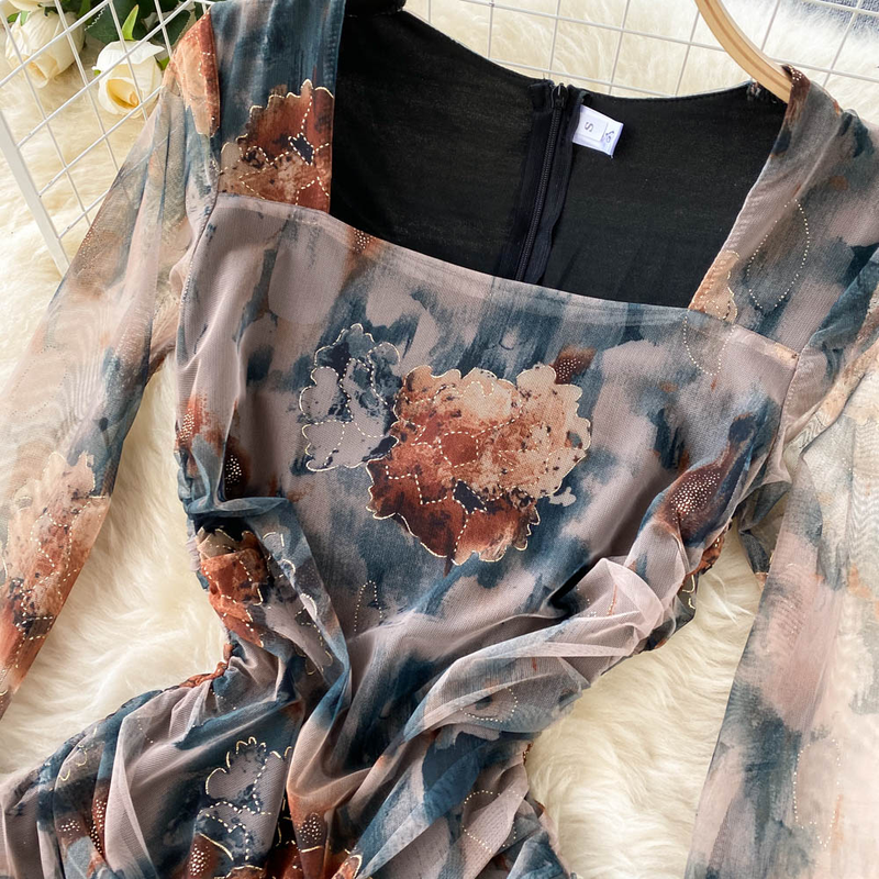 Rochie de seară elegantă cu mânecă lungă, cu guler pătrat și imprimeu, plisată, subțire, cu crăpături feminine, stil hip_voghion.com