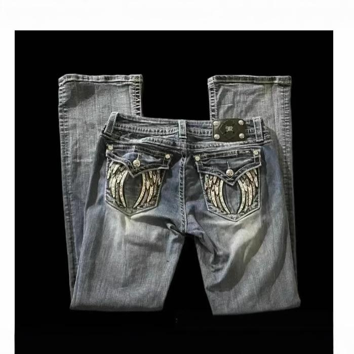 Vêtements pour femmes printemps et automne, nouveaux jeans rétro brodés de diamants, tendance, pantalons droits décontractés amples_voghion.com