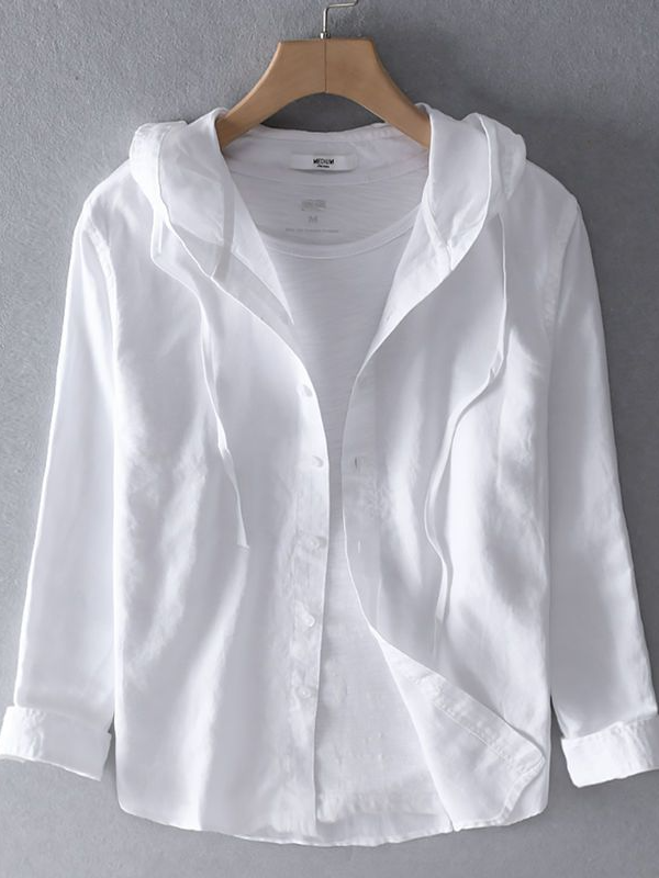 Chemise à manches longues en lin et coton mélangés pour homme – Chemise à capuche avec protection solaire UPF pour l'été, respirante, coupe ample et décontractée_voghion.com