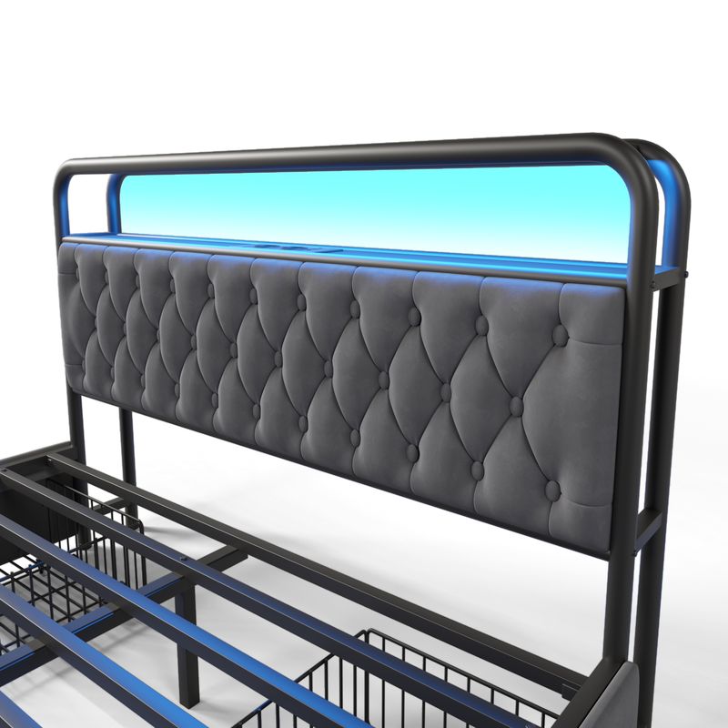 Doppelbett Mit 160×200 Aufladen USB Typ C Ladefunktion APP-Steuerung LED Bettgestell Metallbett Bettrahmen Und 4 Schubladen, Samt (Ohne Matratze)_voghion.com