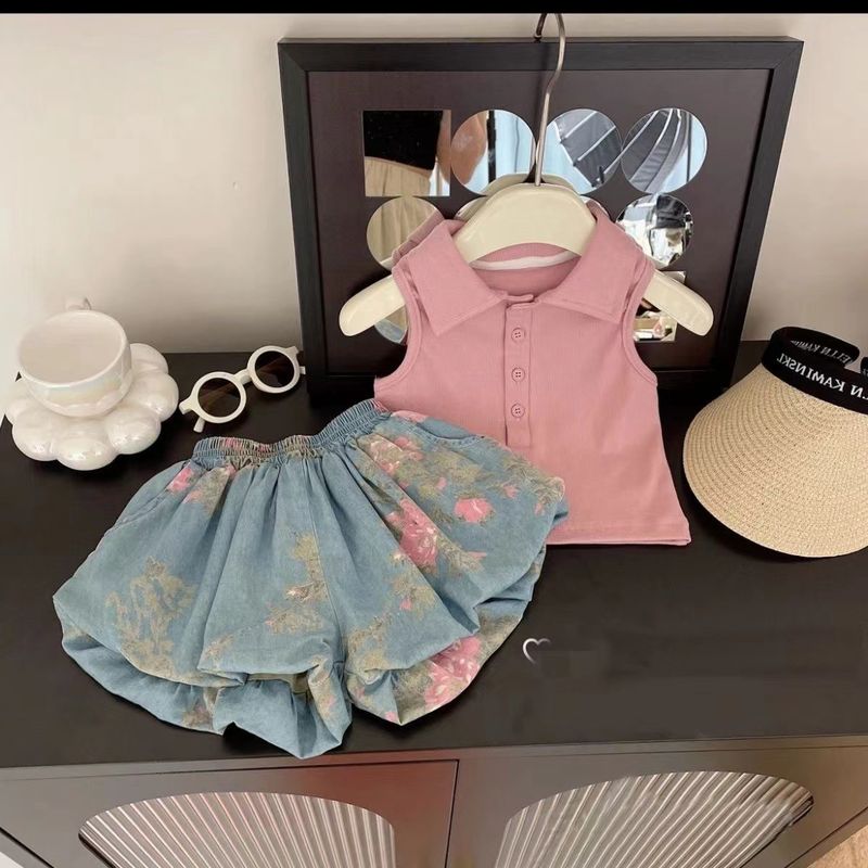 Ubrania dla dzieci Ubrania dla dzieci Garnitury dla dziewcząt Wiosna i lato 24 nowe style Modne małe i średnie kamizelki dla dzieci Szorty dżinsowe Dwuczęściowy garnitur_voghion.com