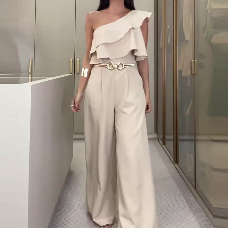Fall 2023 new European and American cross-border solid color design irregular ruffled slim jumpsuit for women_voghion.com