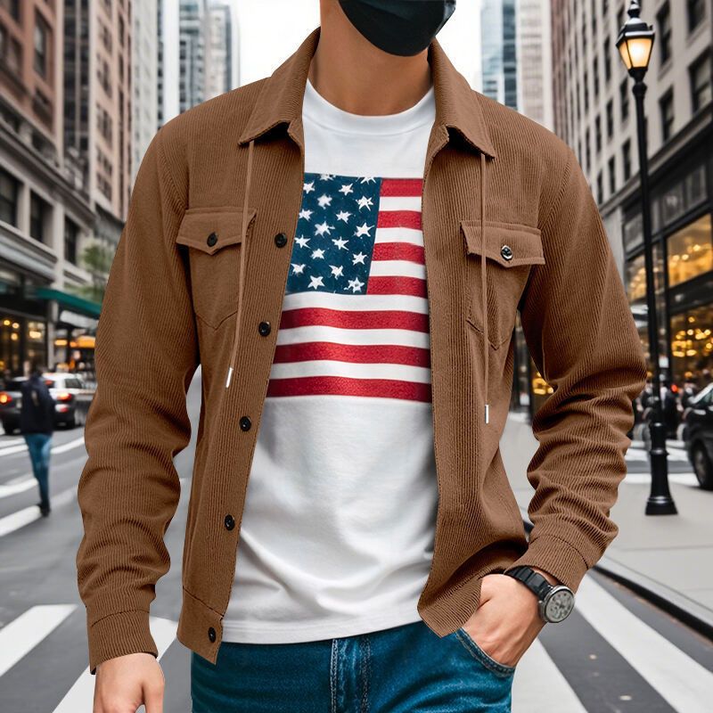 Autumn American Heavy Corduroy New Simple Versatile Multi Pocket Long Sleeved Stand Up Collar Jacket Men's Clothing_voghion.com
