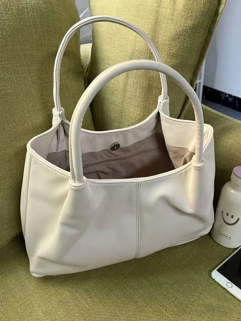 Simple White Shoulder 2023 Women's PU Leather Soft Underarm Tote School Large Capacity Bag Full Student Shopping Handbag_voghion.com