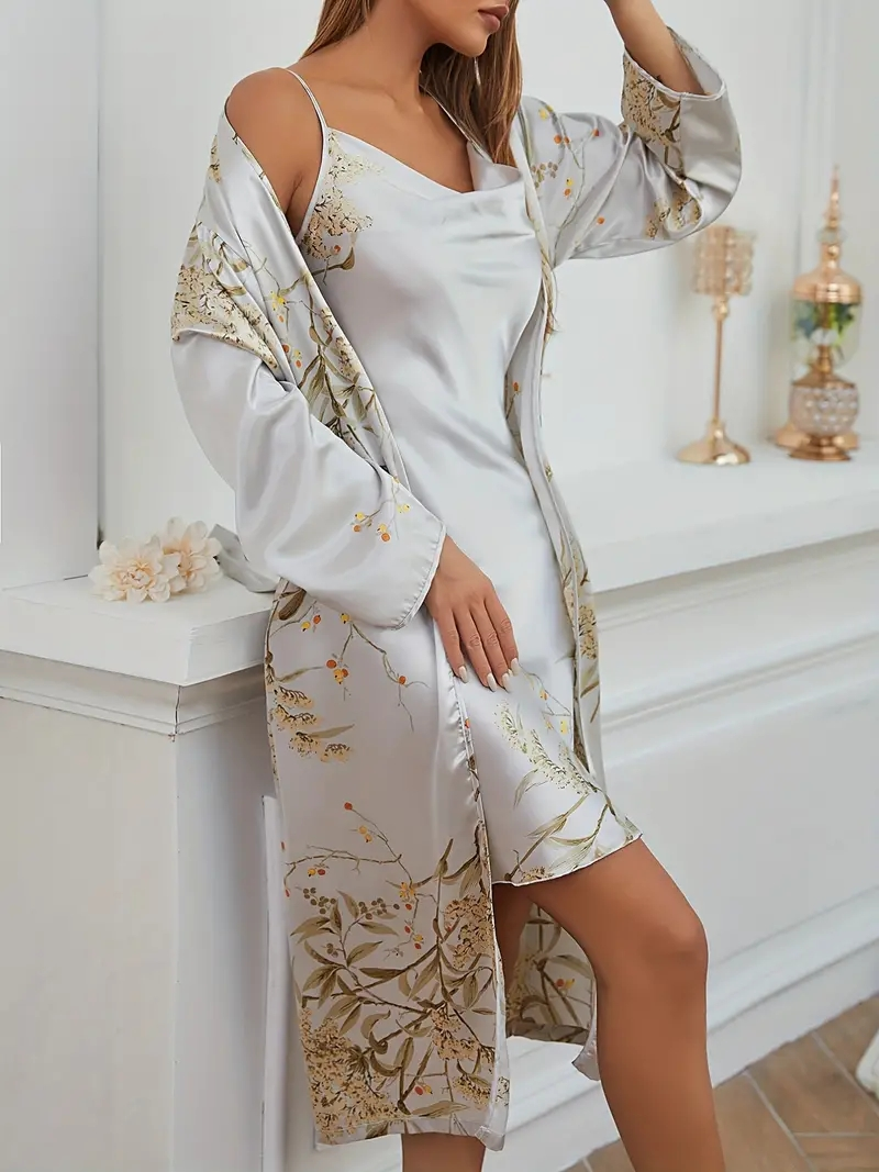 Lussuoso pigiama da donna in 2 pezzi con stampa di piante e uccelli Pigiama e vestaglia - Perfetto per indumenti da notte rilassanti!_voghion.com