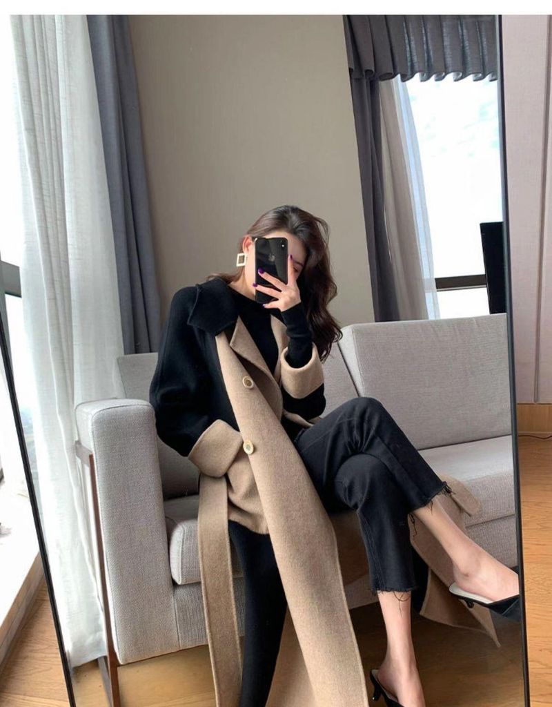 Hepburn Style Coat Women, Long 2025 Winter New High-End Elegant Slimming Color-Block Woolen Overcoat For Women_voghion.com