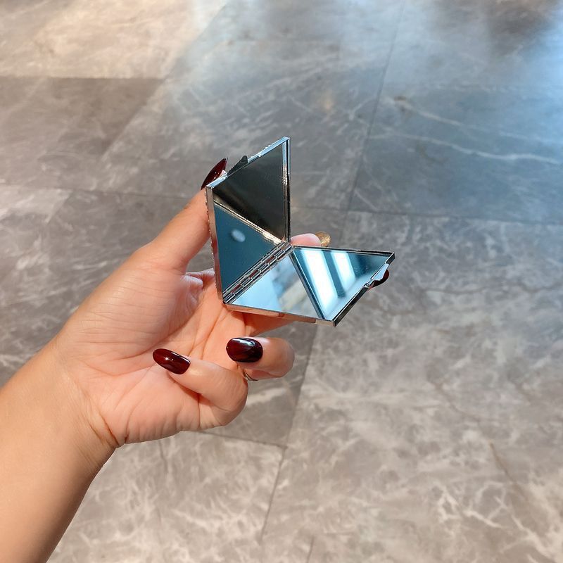 Folding Dual-Sided Handheld Makeup Mirror – HD Portable Compact Mirror With Diamond Accents, Non-Electric (PU/PS PVC Frame, Square Shape)_voghion.com