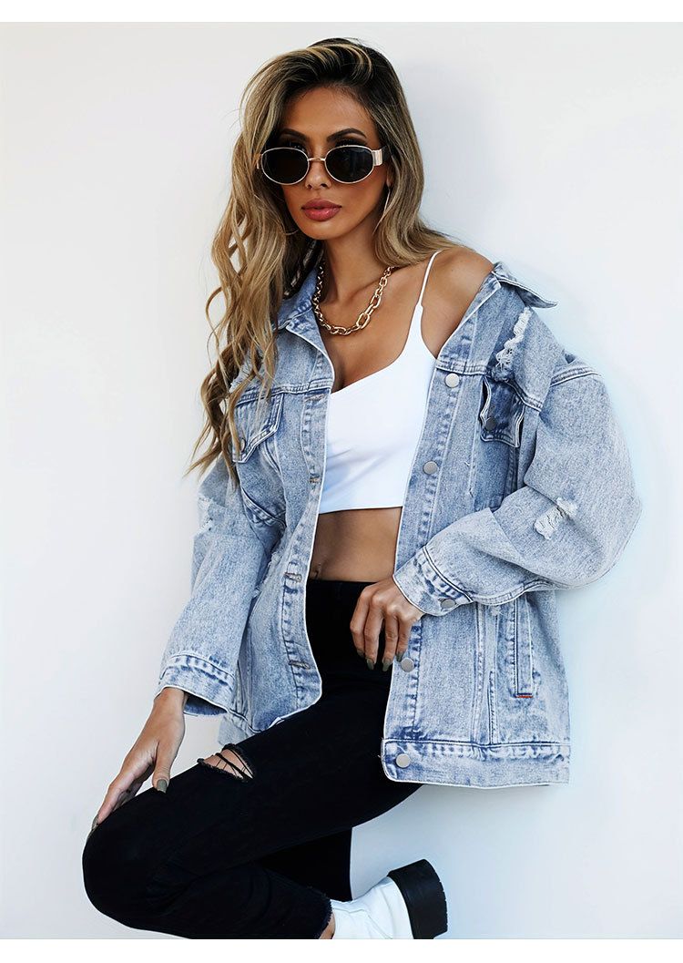 Distressed Denim Jacket Women's Oversized Streetwear Coat With Unique Ripped Design, Casual Loose Fit, Long Sleeve, Blue_voghion.com