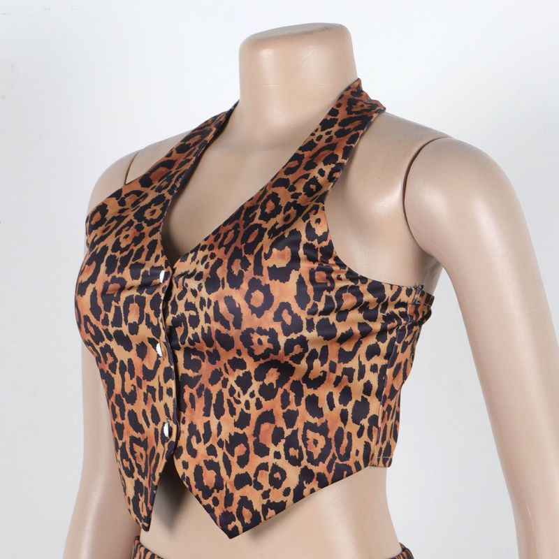 Vêtements pour femmes, haut sexy à boutons et col licou, pantalon à taille élastique, imprimé léopard, ensemble deux pièces_voghion.com