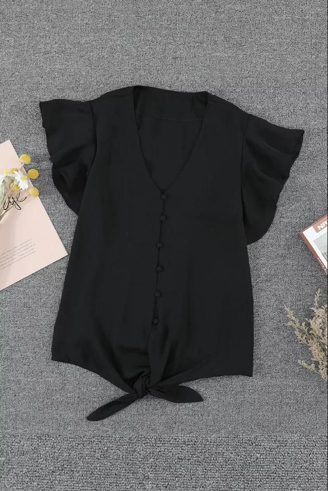 Abbigliamento da donna, camicia estiva in chiffon con bottoni e annodamenti, scollo a V, top da donna con volant e maniche corte_voghion.com