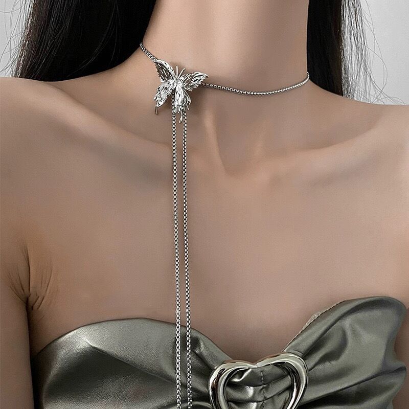 Spicy Girl Sweet Cool Pulling Butterfly Necklace Women's Four Wear Three Dimensional Butterfly Sweater Chain Design Feeling Tassel Collar Chain_voghion.com