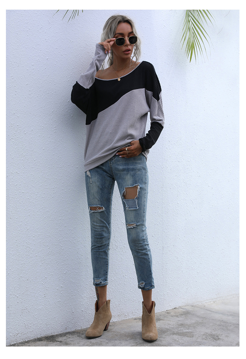 Color-blocked Long-sleeved Sweater Loose Off-shoulder One-line Collar Pullover_voghion.com