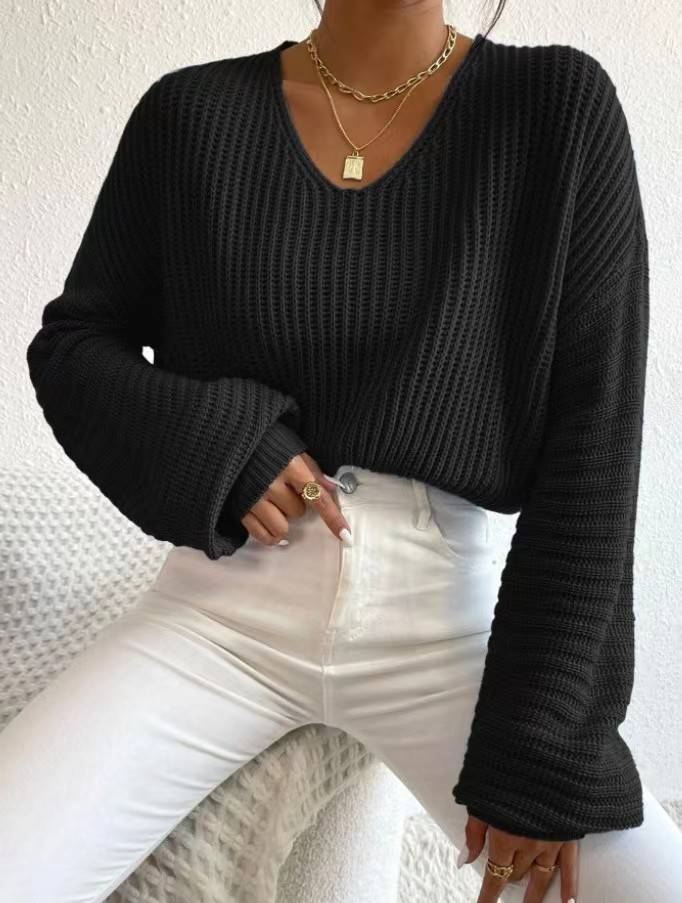 Abbigliamento da donna Maglione lavorato a maglia a maniche lunghe con scollo a V e lanterna per donna_voghion.com