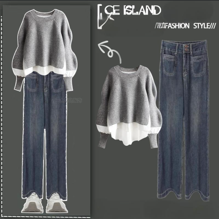 Dameskleding Grote maten dames herfst- en winterpakken voor dames nieuwe mode splicing tweedelige tops slim jeans tweedelig pak_voghion.com