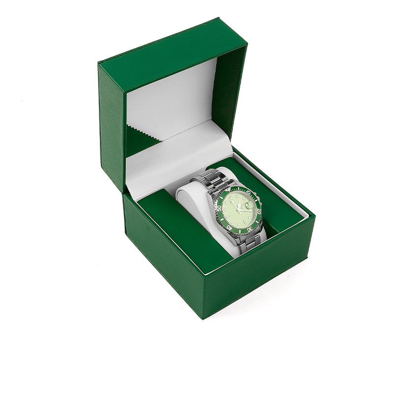 Caja para reloj de piel sintética con grano de lichi en ángulo recto, moderna y verde, para guardar relojes grandes._voghion.com