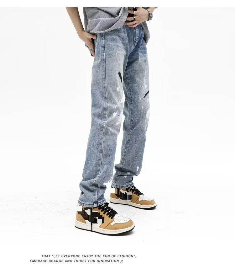 High Street Trendy Brand Splashed Ink Micro Flared Jeans Men's American Retro Vibe Style Loose Straight Casual Mopping Trousers_voghion.com