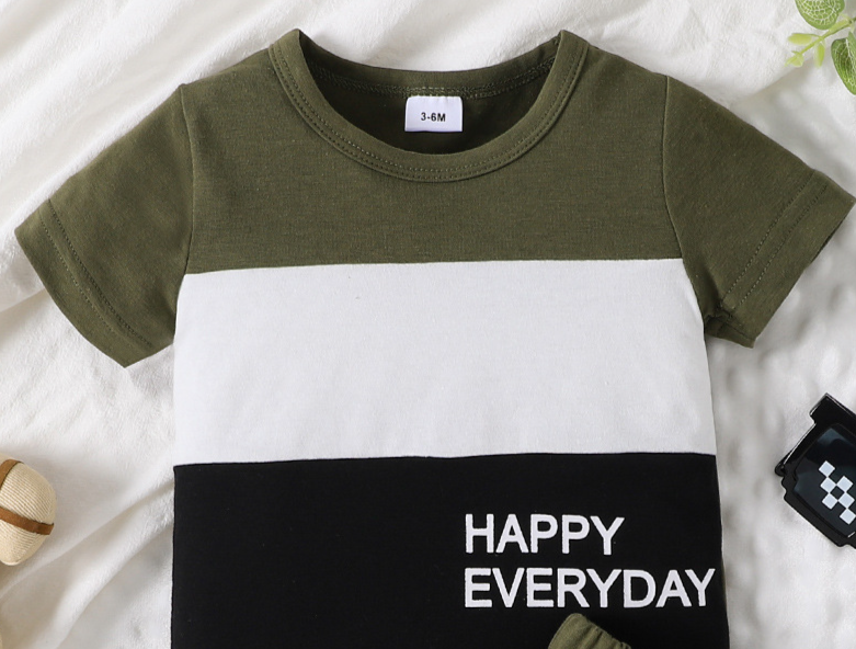 "Breathable Cotton Toddler Boys Summer Outfit Set - Short Sleeve Round Neck Top & Matching Shorts With Colorful Stitching (3-7 Years)"_voghion.com