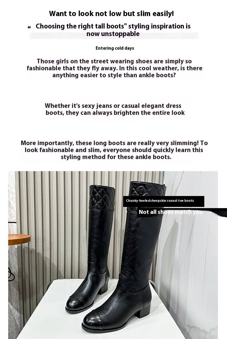 Elegant Chunky Heel Knee High Boots For Women Genuine Leather Riding Boots With Contrast Stitching, Waterproof & Slip-Resistant Comfortable_voghion.com