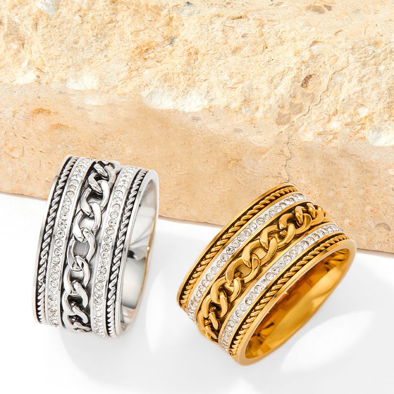 Damessieraden Roestvrijstalen ring met dubbele rij brede band en kubieke zirkonia, gedraaid kettingontwerp om te stapelen, elegant en stijlvol accessoire_voghion.com