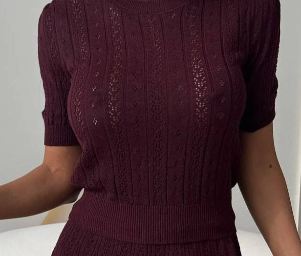 Women's Lace Short-Sleeve Top & Skirt Set – Breathable Knit Co-Ord With Round Neck, Oversized Fit Summer Casual Outfit In Solid Colors_voghion.com