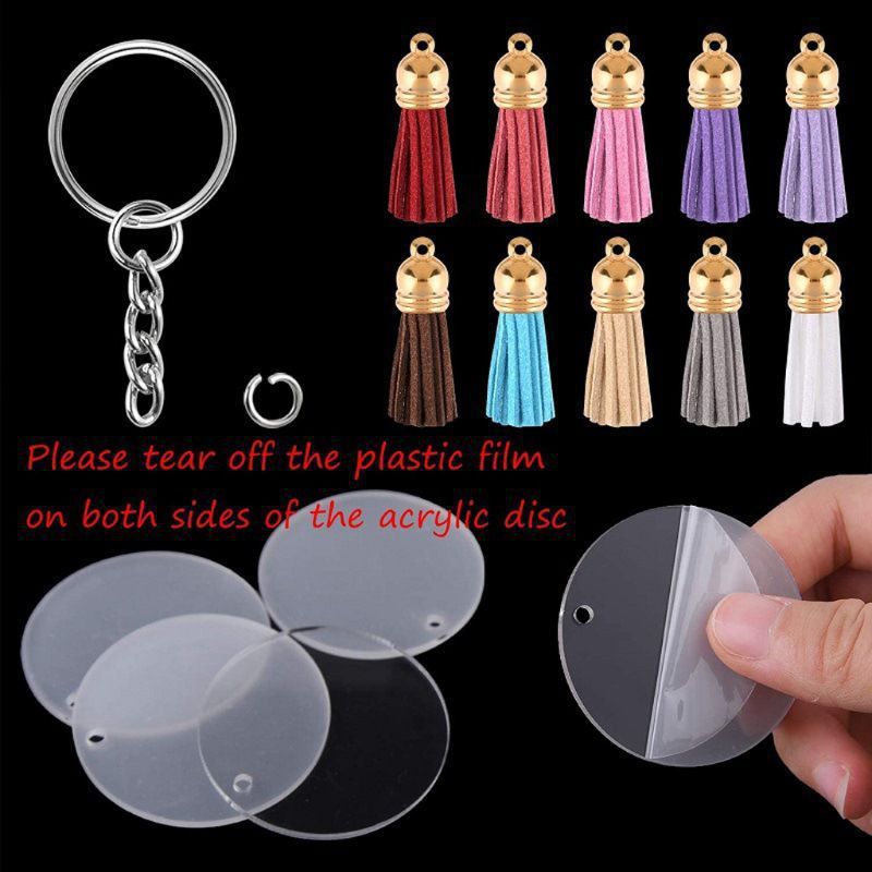 Conjunto de combinação de chaveiro acrílico transparente com borla de couro colorido, presente chave DIY para festa_voghion.com