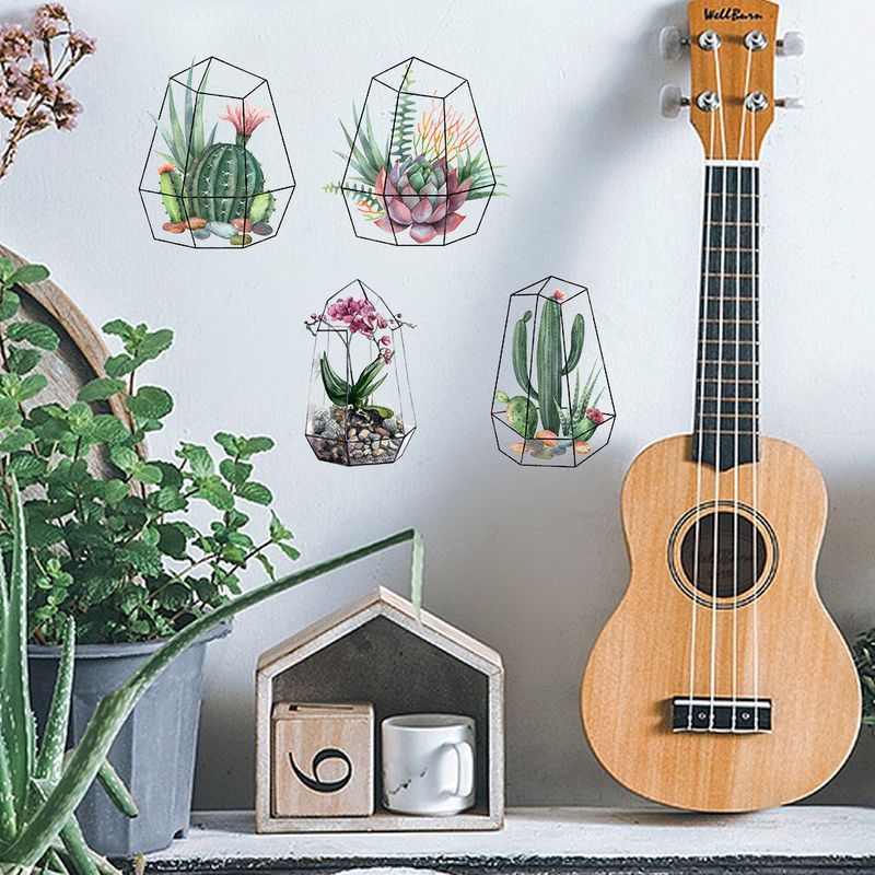4pcs green plant cactus self-adhesive PVC CH81394 cage flower living wall sticker_voghion.com