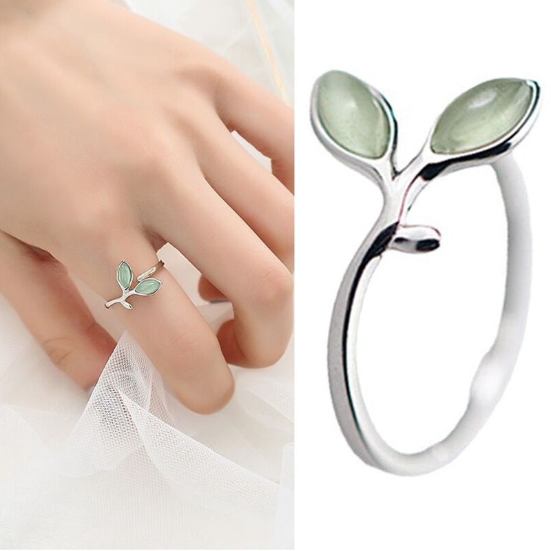 Bague nouvelle, simple et tendance, feuille et opale, bijoux en plaqué argent, bague géométrique ouverte avec branche verte_voghion.com