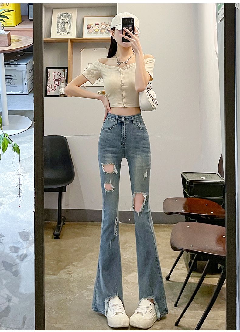 Women's clothing ripped denim bell bottom pants for women spring and summer new elastic small size nine points bell bottom pants trousers_voghion.com