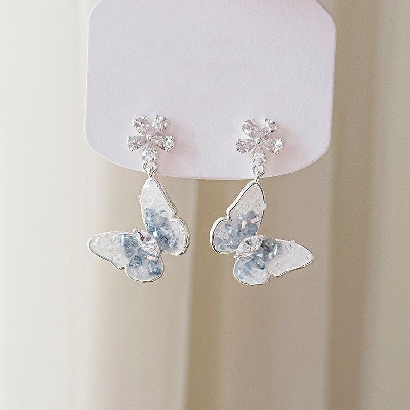 Orecchini a farfalla con perline di vetro blu sfumato in argento, stile estivo fresco, alla moda e dolci._voghion.com