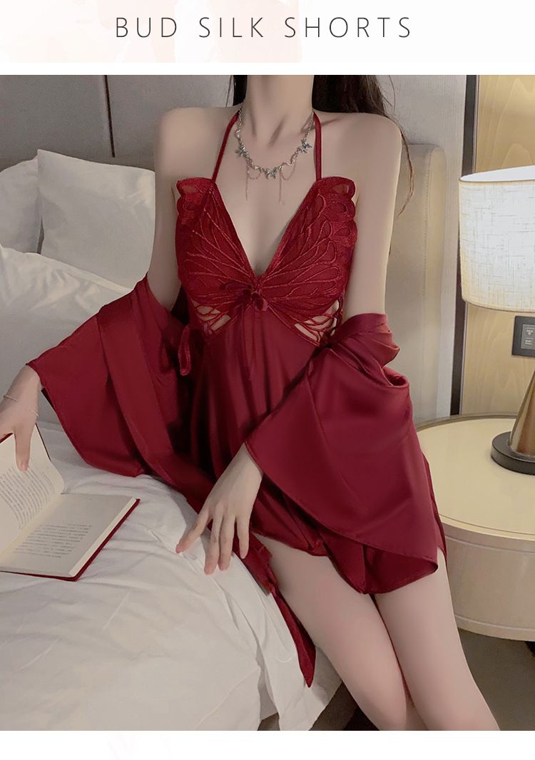 Ice Silk Plus Size Pajama Set, With Chest Cushion For Super Comfort, Bow Tie Nightgown And Outer Robe Showcasing Fashionable Charm_voghion.com